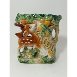 Vintage Ceramic Deer Fawn Tree Trunk Planter Woodland Forest Vase Hand Painted